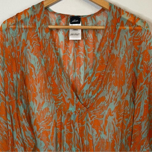 Jet Set 100% Silk Blue Orange V Neck Sheer Dramatic Sleeve Cover Up Top Boho SML - Picture 2 of 11